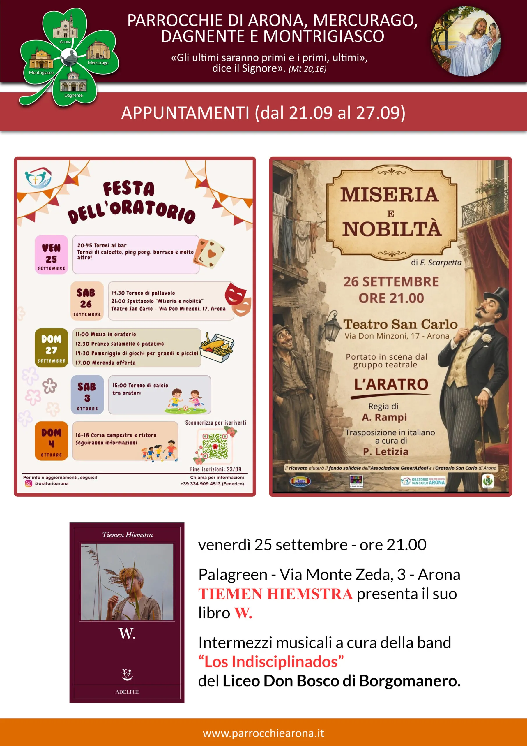 Locandina appuntamenti parrocchiali dal 21 al 27 settembre