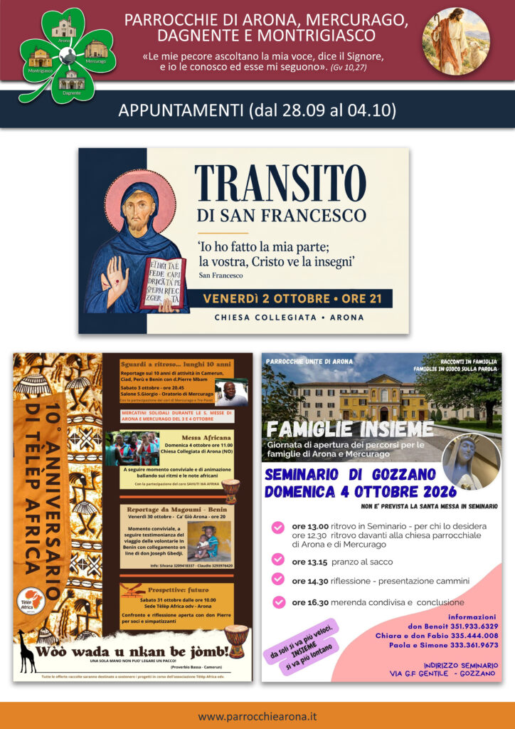 Locandina degli appuntamenti parrocchiali di Arona dal 28 settembre al 4 ottobre 2026