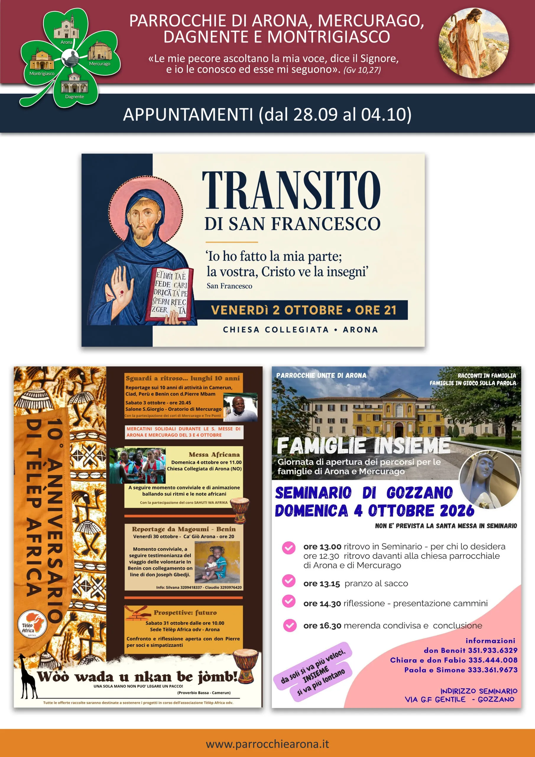 Locandina degli appuntamenti parrocchiali di Arona dal 28 settembre al 4 ottobre 2026