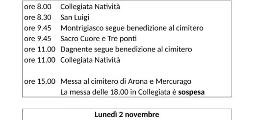 Programma e orari Messe 1 e 2 novembre 2026 Parrocchie di Arona Dagnente Mercurago Montrigiasco