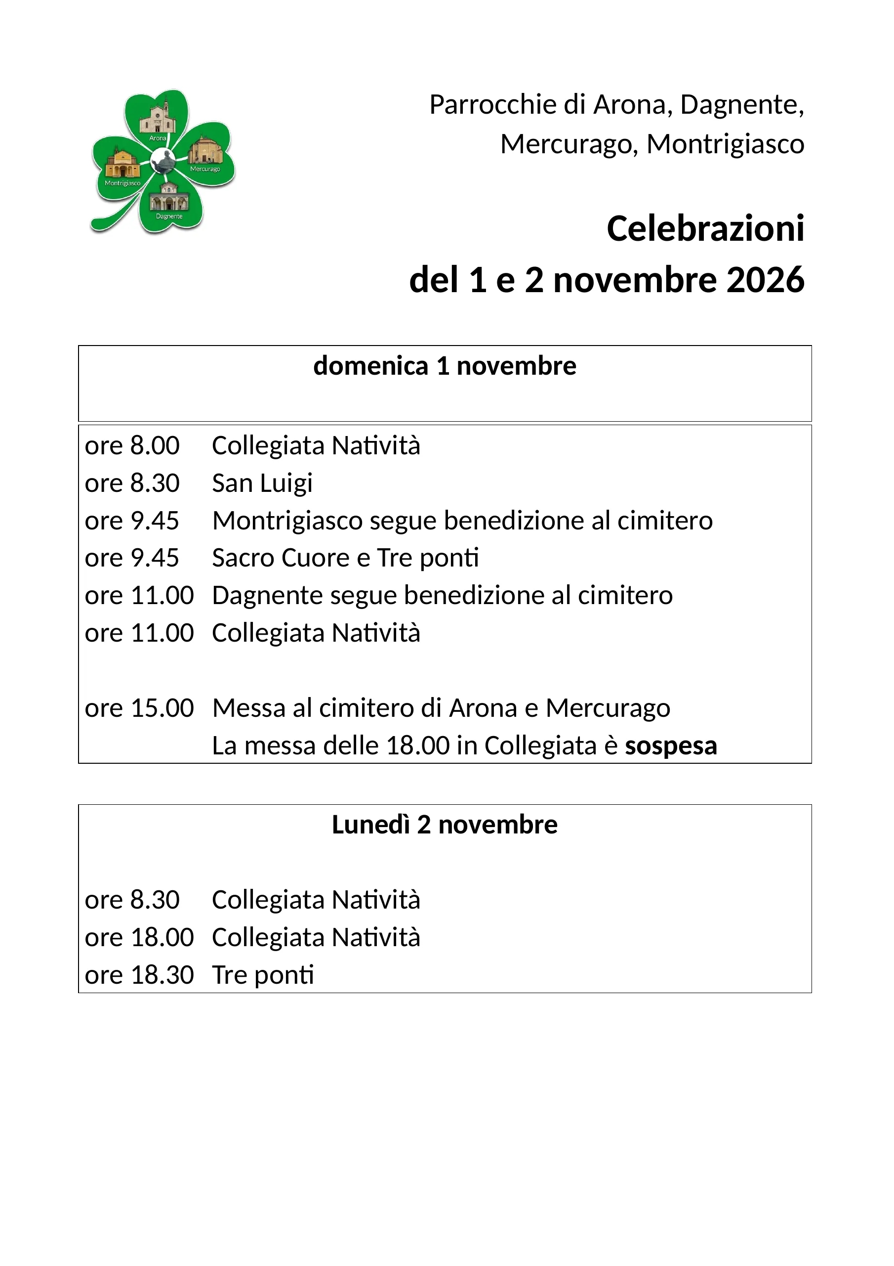 Programma e orari Messe 1 e 2 novembre 2026 Parrocchie di Arona Dagnente Mercurago Montrigiasco