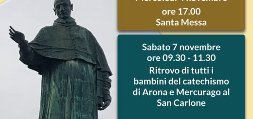 Locandina ufficiale della Festa di San Carlo 2026 con il programma delle celebrazioni delle parrocchie di Arona, Mercurago, Dagnente e Montrigiasco.