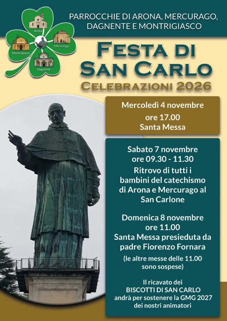 Locandina ufficiale della Festa di San Carlo 2026 con il programma delle celebrazioni delle parrocchie di Arona, Mercurago, Dagnente e Montrigiasco.