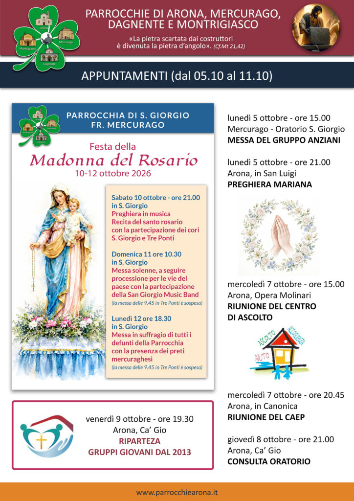 Locandina appuntamenti parrocchiali dal 5 all'11 ottobre 2026 con programma della Festa della Madonna del Rosario a Mercurago