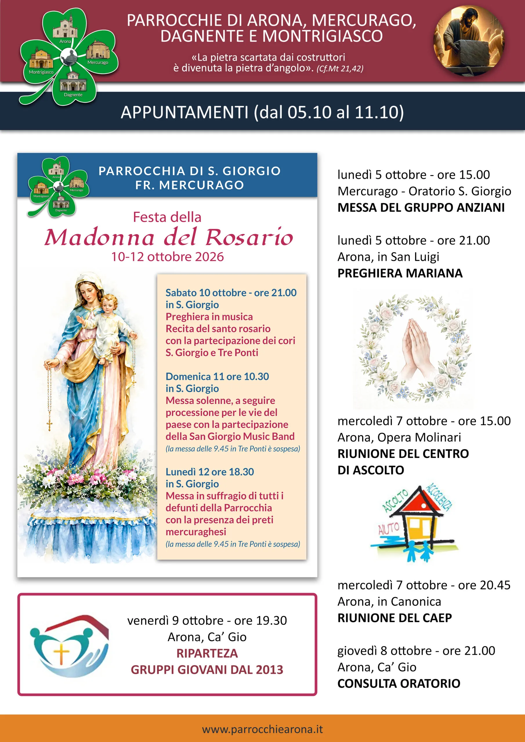 Locandina appuntamenti parrocchiali dal 5 all'11 ottobre 2026 con programma della Festa della Madonna del Rosario a Mercurago