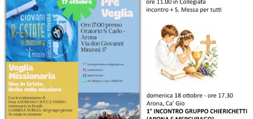 Locandina degli appuntamenti parrocchiali di Arona dal 12 al 18 ottobre 2026 con programma della Veglia Missionaria e Festa Patronale di San Giusto