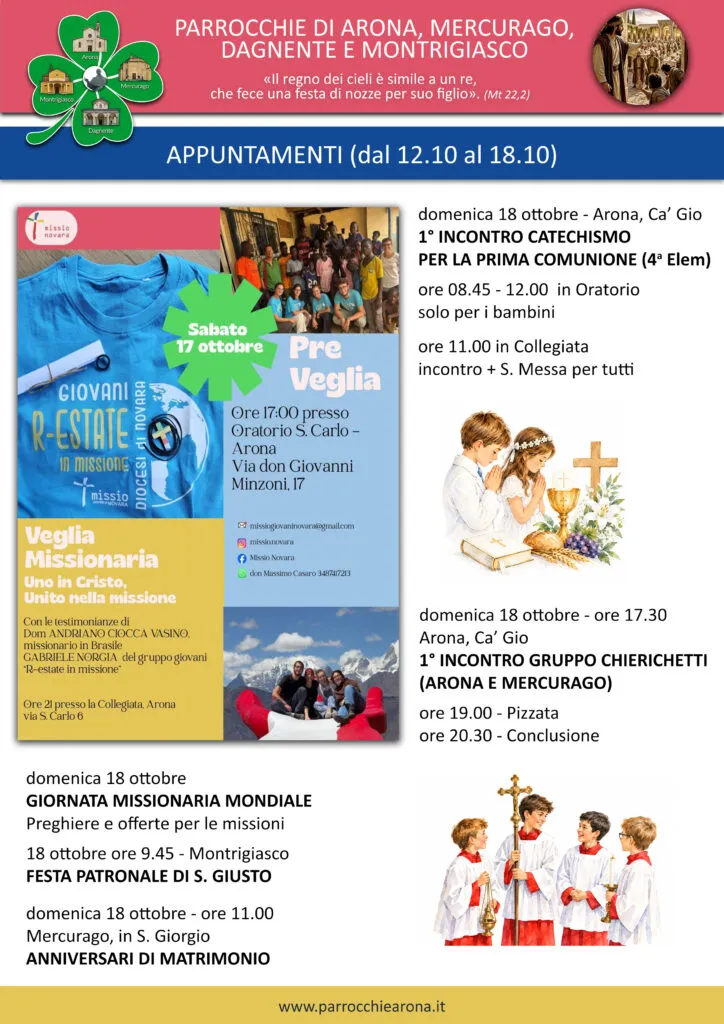 Locandina degli appuntamenti parrocchiali di Arona dal 12 al 18 ottobre 2026 con programma della Veglia Missionaria e Festa Patronale di San Giusto