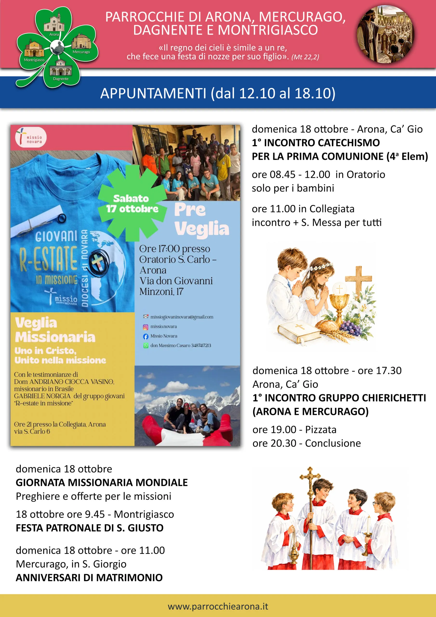Locandina degli appuntamenti parrocchiali di Arona dal 12 al 18 ottobre 2026 con programma della Veglia Missionaria e Festa Patronale di San Giusto