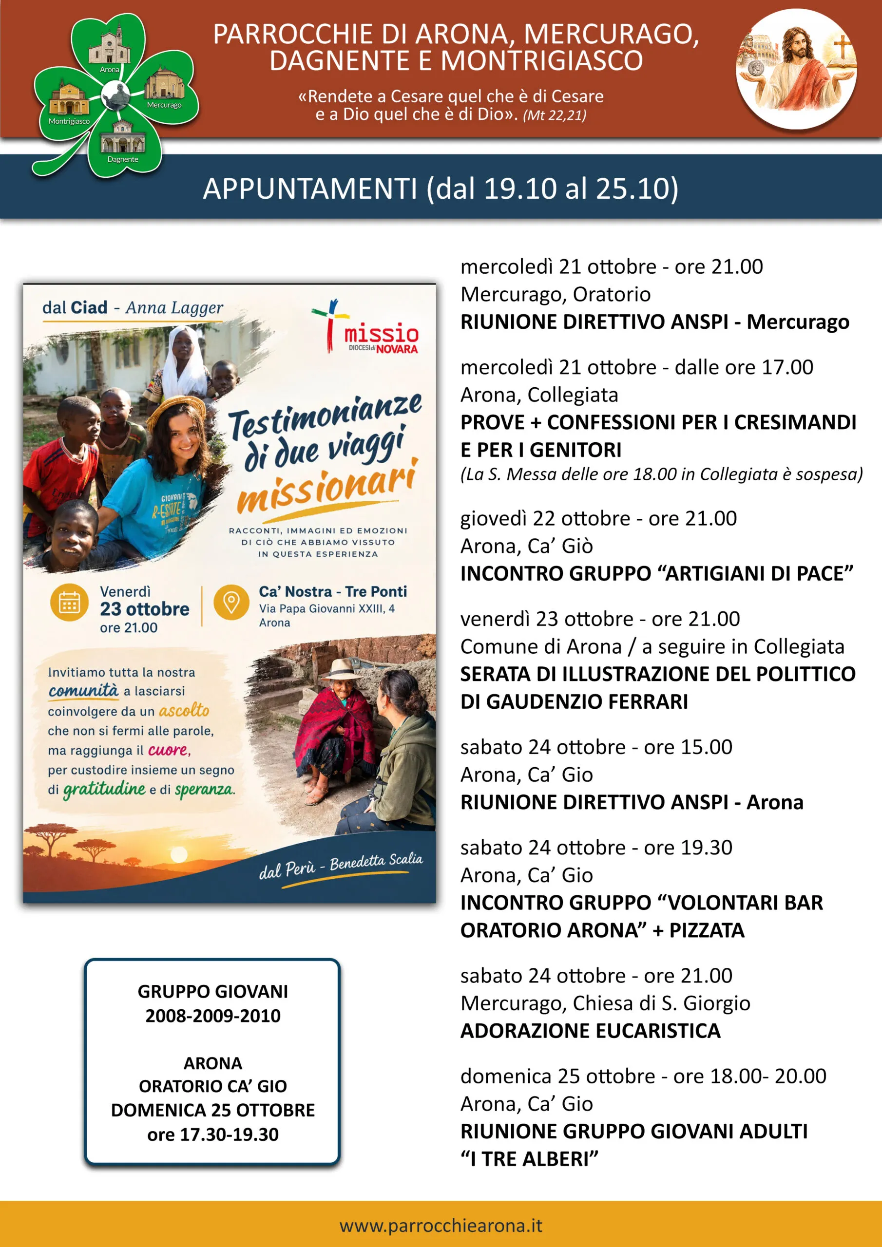 Appuntamenti parrocchiali: dal 19 al 25 ottobre