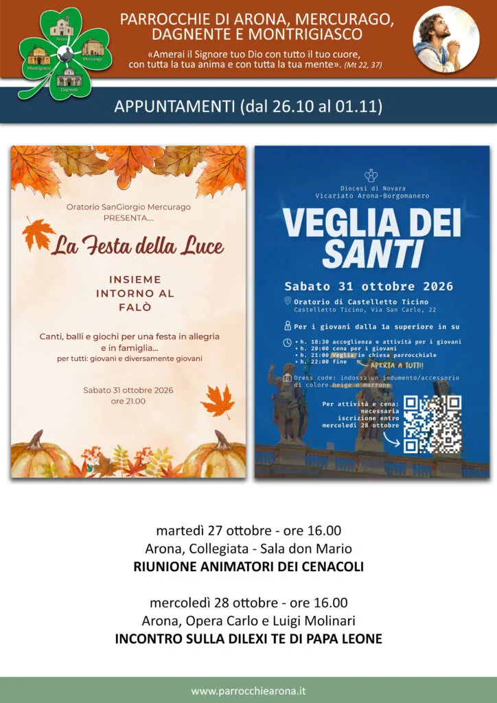 Locandina appuntamenti parrocchie Arona Mercurago Dagnente Montrigiasco dal 26 ottobre al 1 novembre