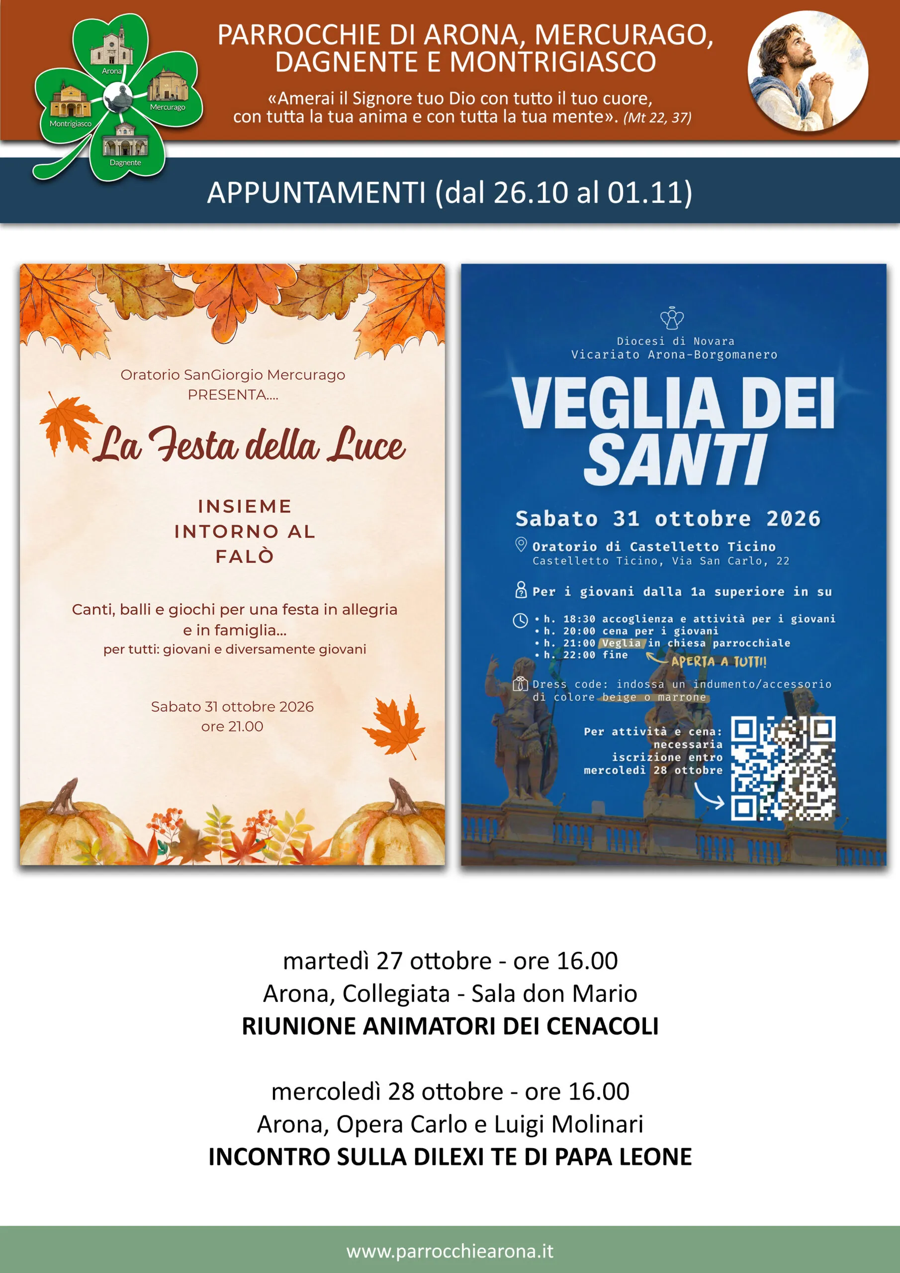 Locandina appuntamenti parrocchie Arona Mercurago Dagnente Montrigiasco dal 26 ottobre al 1 novembre